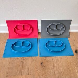 EZPZ Happy Mat Placemat Silicone Suction Plate and Bowl Pink, Black Blue Set of